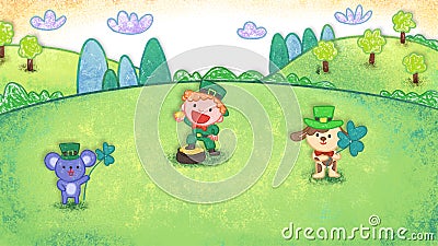 St Patrickâ€™s Day three leaf clover oil pastel crayon doodle hand-drawn illustration Cartoon Illustration